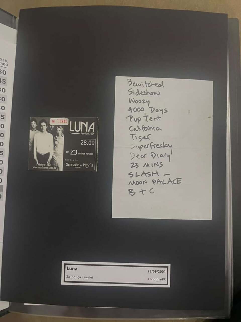 Setlist and ticket (Londrina, 2001)