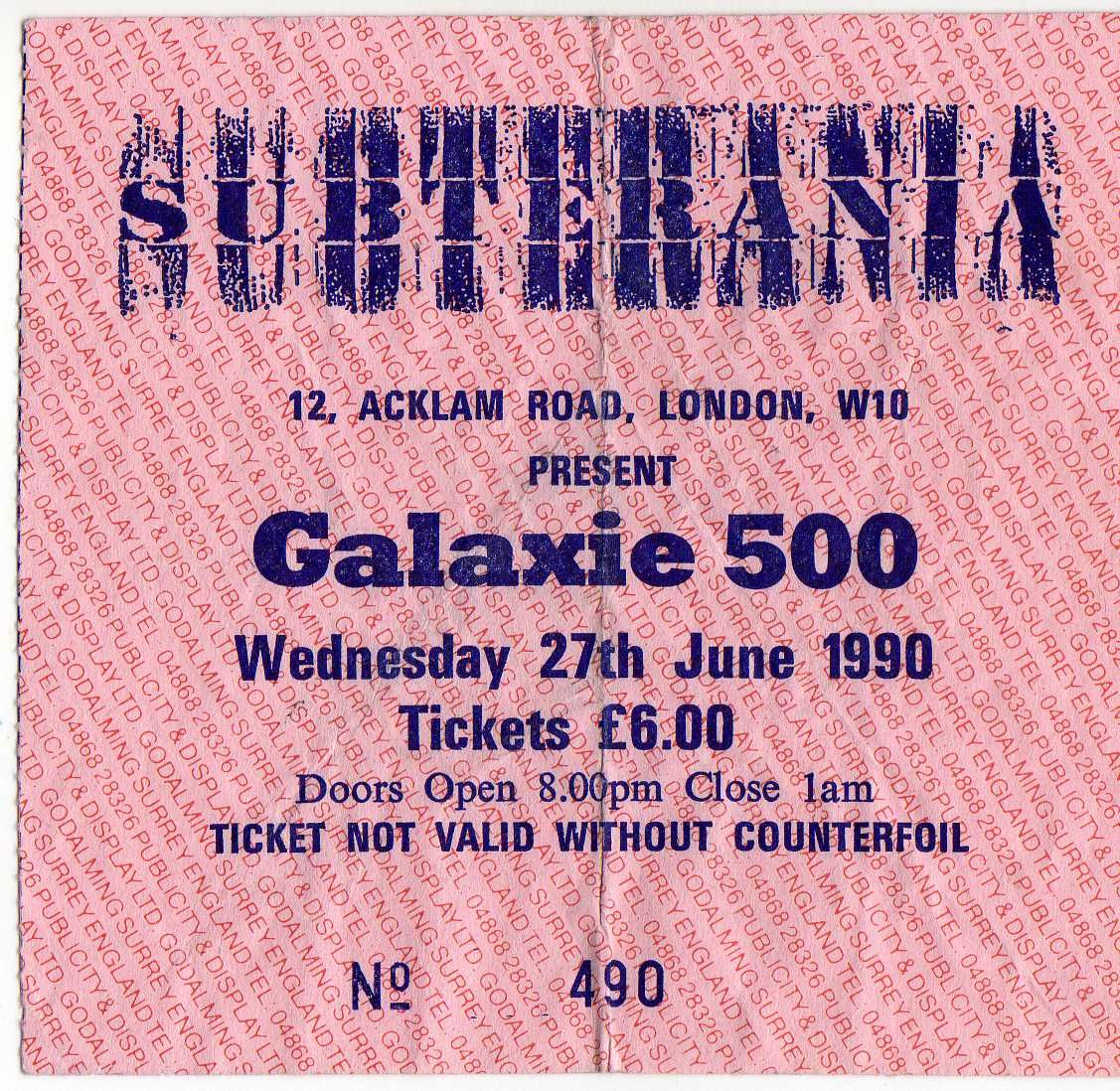 Ticket for Galaxie 500 at The Subterania (sadly... not mine)